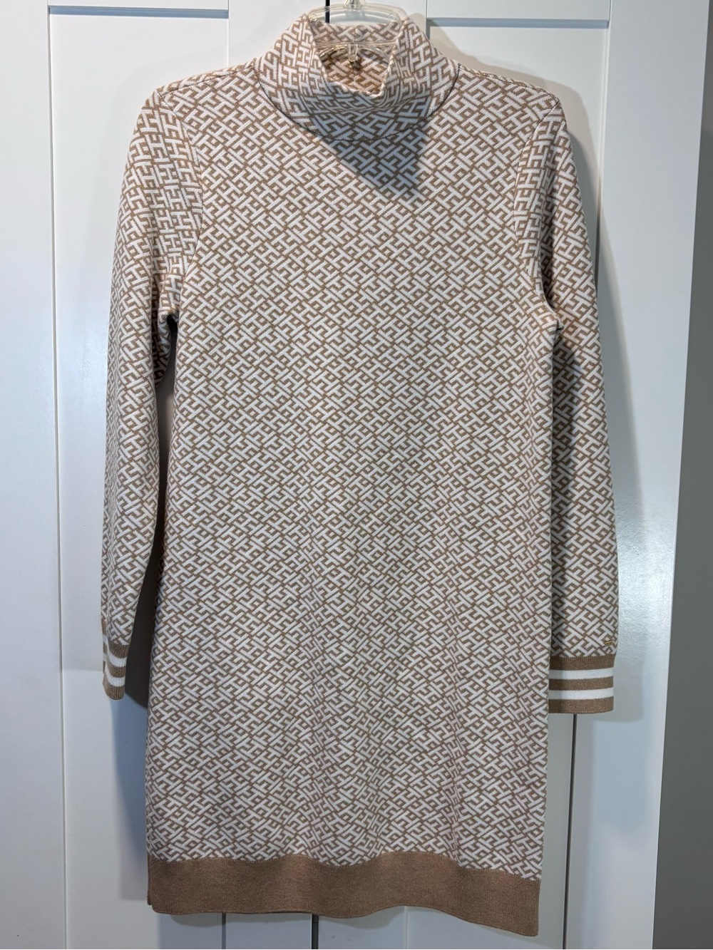 Tommy Hilfiger Sweater Dress Womens S Tan Ivory Geometric Mockneck Cotton Nylon